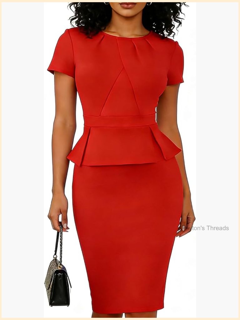 Elegant Midi Pencil Bodycon Dress Short Sleeve Peplum For Work Cocktail Church